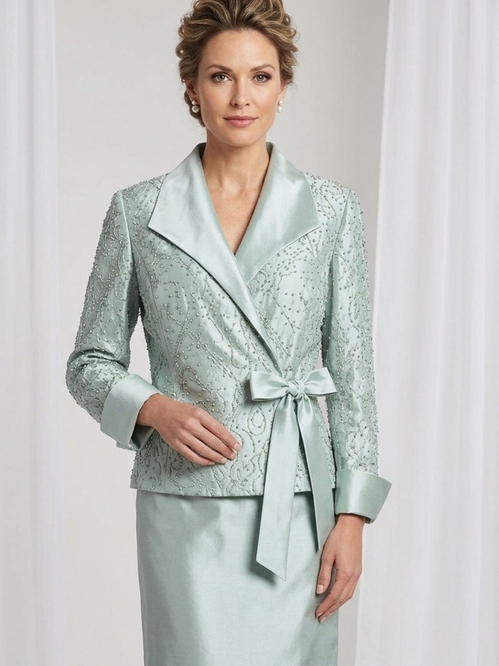 Cachet Vintage Beaded Wrap Blazer & Maxi Skirt Set Silver Blue Formal